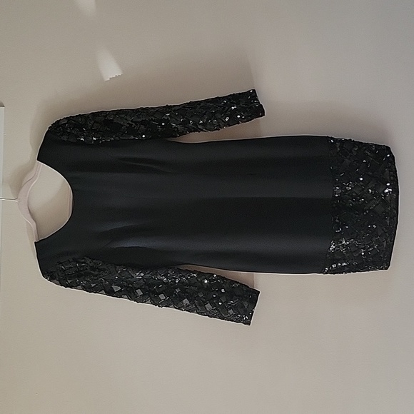 Vintage Tadashi Shoji Illusion Sleeve Beaded Dress Black USA Made Size 4 - Picture 1 of 9